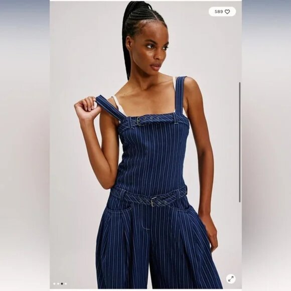 FREE PEOPLE Flores Jumpsuit CUTE! Pin stripes Wide Leg Vintage Denim Overalls S - Picture 6 of 12